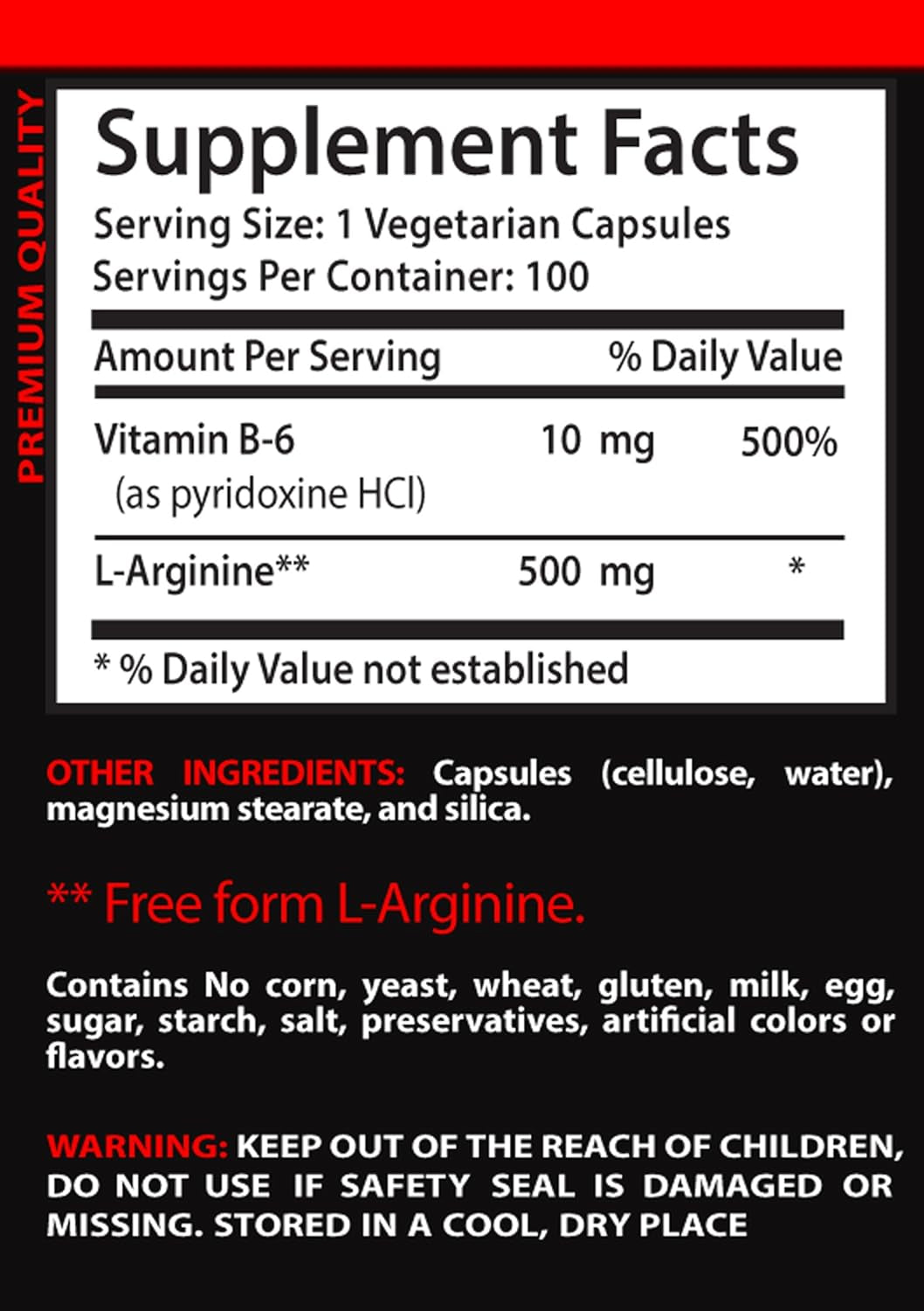 VIP VITAMINS Amino Acids Arginine - L-ARGININE Energy Booster 500 MG - Post Workout Supplement, 1 Bottle (100 Capsules)