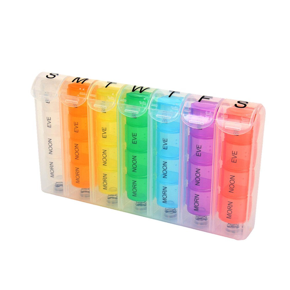 7 Days Weekly Health Care Spring Pill Box Organizer Portable 4 Times a Day Medicine Vitamin Storage Dispenser Cutter Container Colorful Drug Cases Holder for Travel