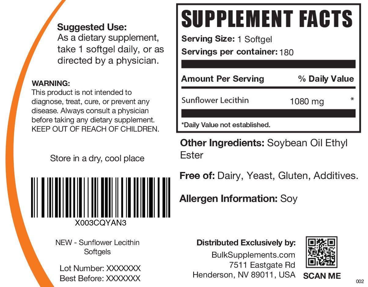 Bulksupplements.Com Sunflower Lecithin Softgels, 1080Mg - Promotes Healthy Skin (180 Softgels - 180 Servings)