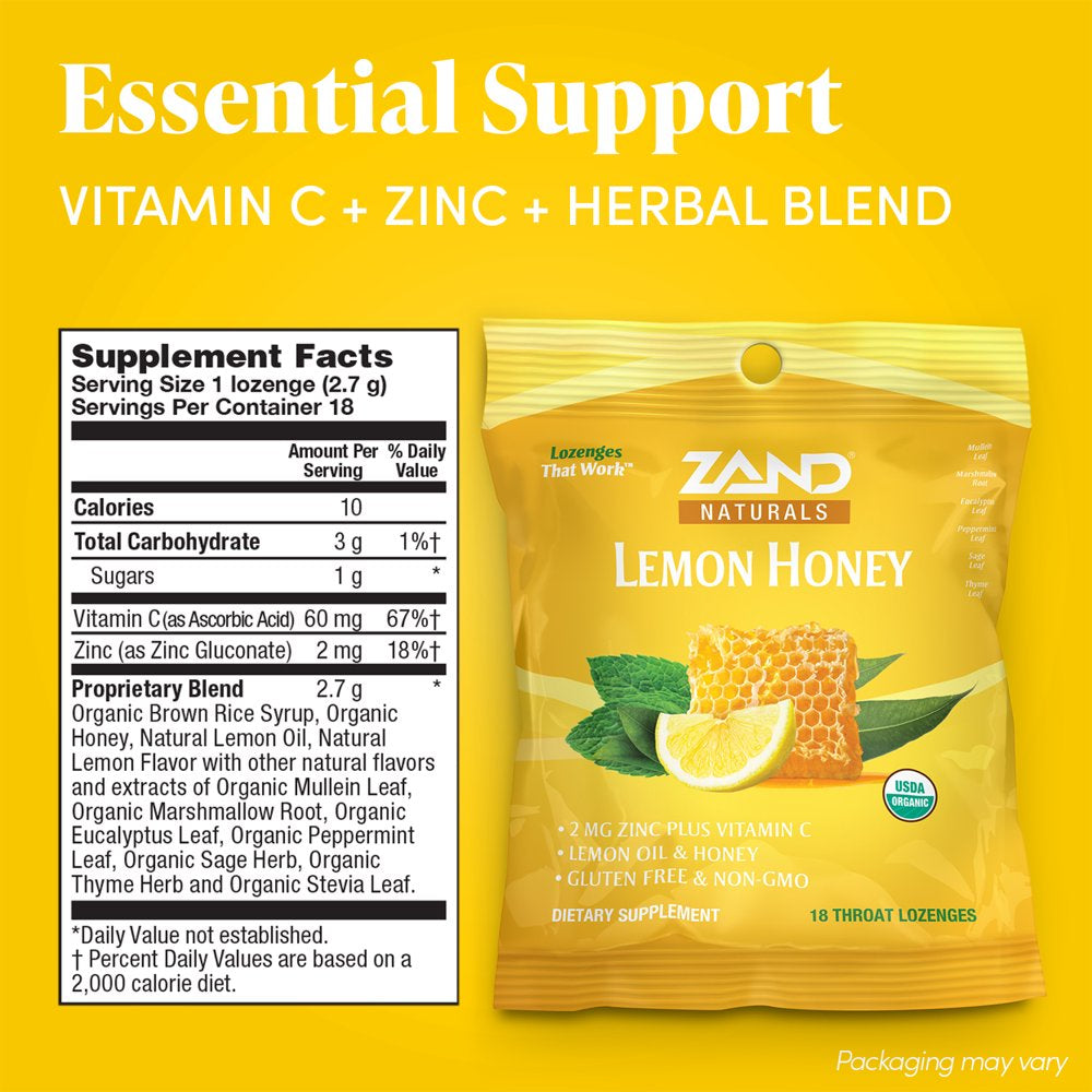 Zand Immunity Organic Lemon Honey Herbalozenge | Immune Support Throat Drops W/ Vitamin C & Zinc ('18 Count (Pack of 1))