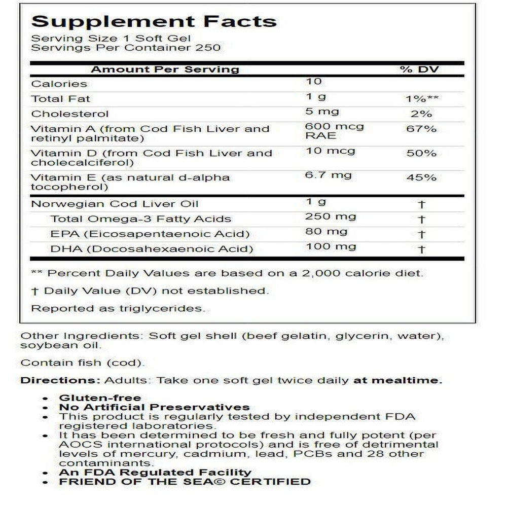 Carlson - Cod Liver Oil Gems, Super 1000 Mg, 250 Mg Omega-3S + a & D3, Norwegian, Wild Caught, 250 Softgels