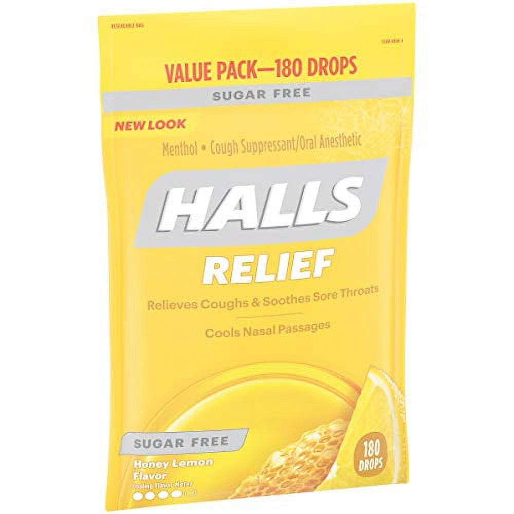 HALLS Sugar Free Honey Lemon Flavor Cough Drops, 1 Bag (180 Total Drops)