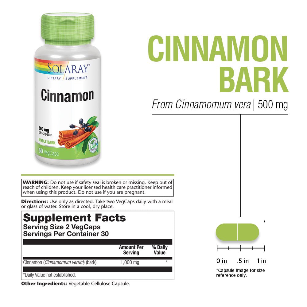 Solaray Cinnamon Bark 1000 Mg | Healthy Digestive Function & Healthy Blood Sugar Support | Antioxidant | 60 Vegcaps