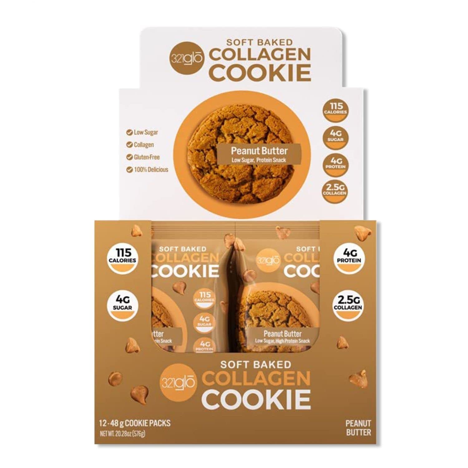 321Glo Collagen Protein Cookies, Soft-Baked Cookies, Low Carb and Keto Friendly Treats for Women, Men, and Kids, 12-PACK (Peanut Butter)