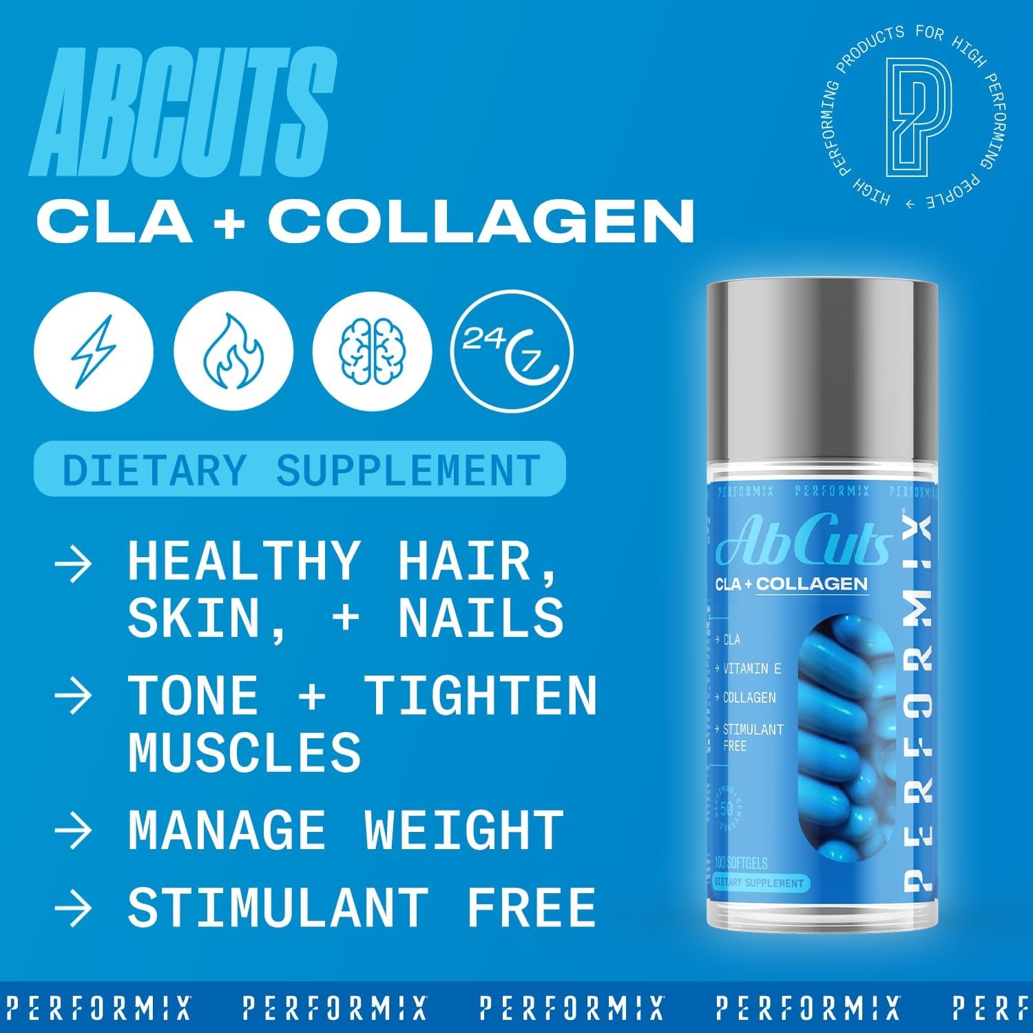 PERFORMIX - Abcuts CLA + Collagen - Fitness Goals - Improve Energy & Endurance - Build Muscle - Hair & Nail Growth - Skin Care - Wellness - Collagen Supplements for Women and Men - 100 Softgels