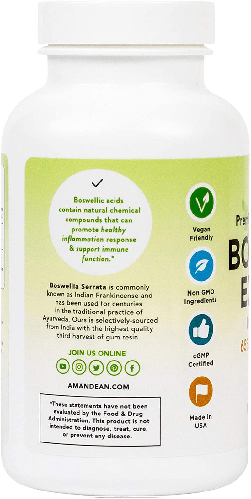 Amandean Boswellia Serrata Extract. 500Mg 120 Veggie Capsules. 65% Boswellic Acids with AKBA. Natural Ayurvedic Supplement (Indian Frankincense). Premium 3Rd Harvest.