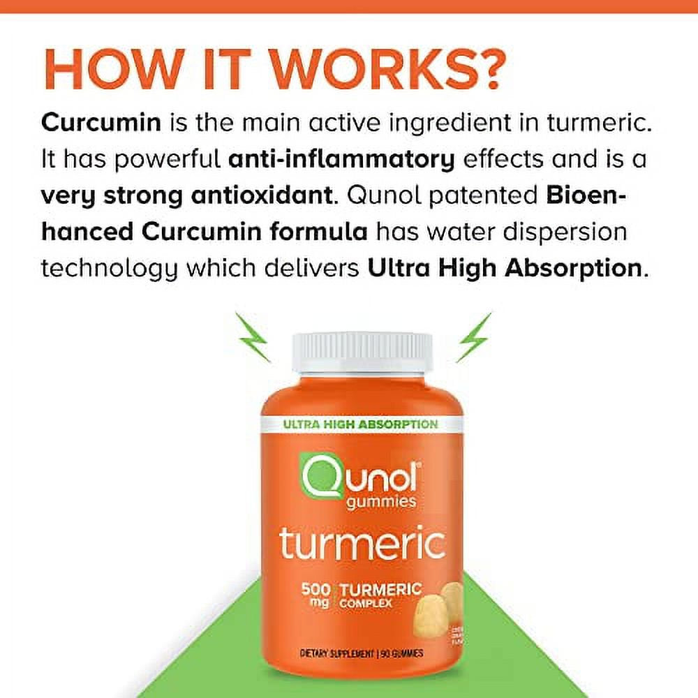 Turmeric Gummies, Qunol Gummy with 500Mg Turmeric Curcumin, Joint Support Supplement, Ultra High Absorption Tumeric Curcumin, Vegan, Gluten Free, 90 Count