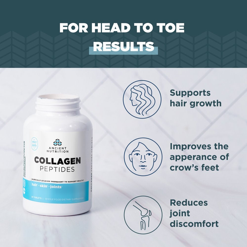 Collagen Peptides by Ancient Nutrition, Collagen Peptides Tablets, Unflavored Hydrolyzed Collagen, Supports Healthy Skin, Hair, Joints, Gut, Gluten Free, Paleo, and Keto Friendly, 30 Count