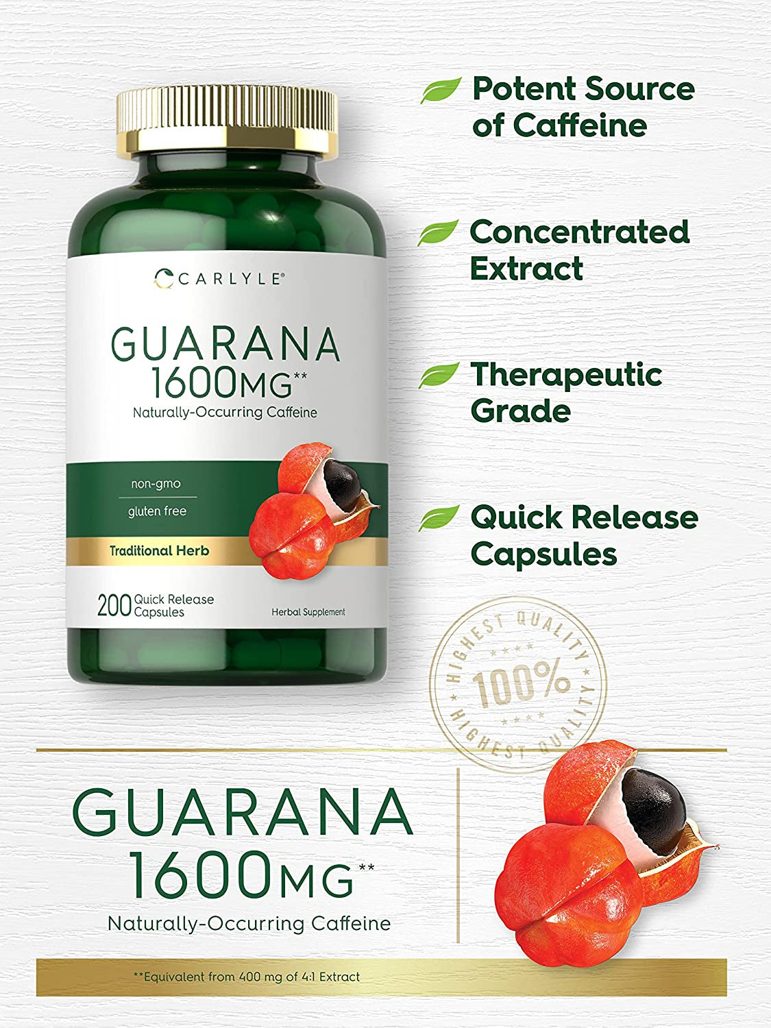 Guarana Extract Capsules | 1600Mg | 200 Count | Non-Gmo, Gluten Free Extract | Naturally Occurring Caffeine | by Carlyle