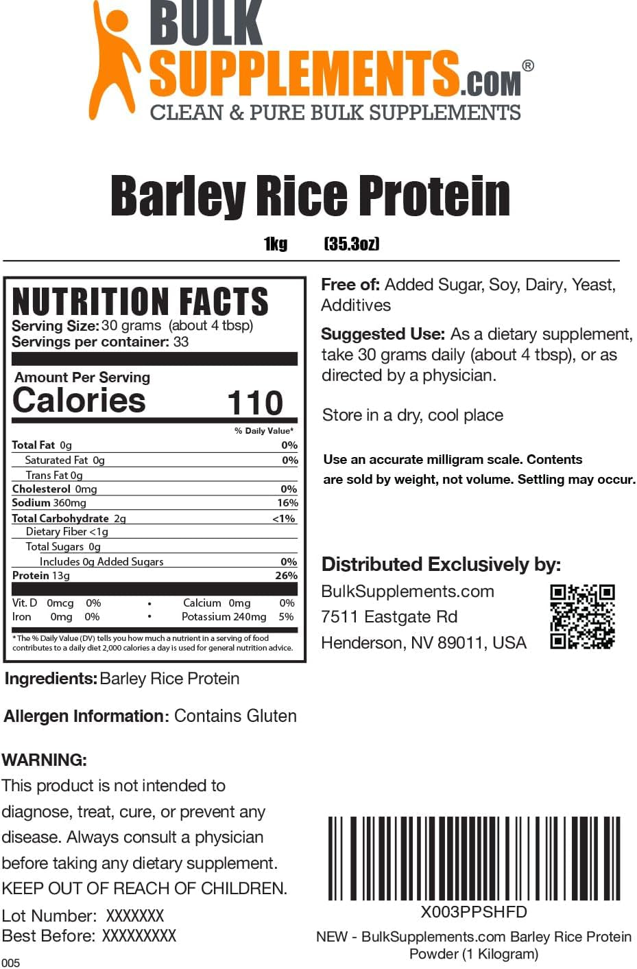 BULKSUPPLEMENTS.COM Barley Rice Protein Powder - 1 Kilogram