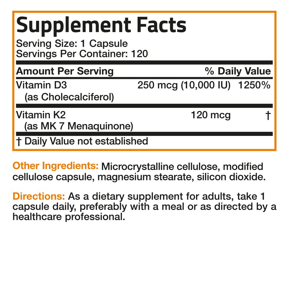 Bronson Vitamin K2 (MK7) with D3 Extra Strength Bone and Heart Health Non GMO & Gluten Free Formula - Easy to Swallow, 120 Capsules