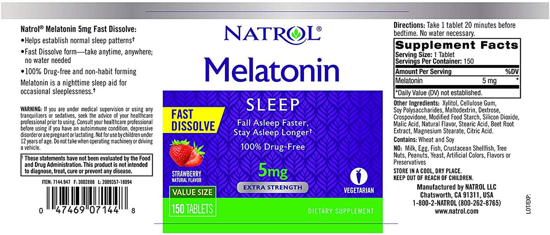 Natrol, Melatonin, Fast Dissolve, Extra Strength, Strawberry, 5 Mg, 150 Tablets