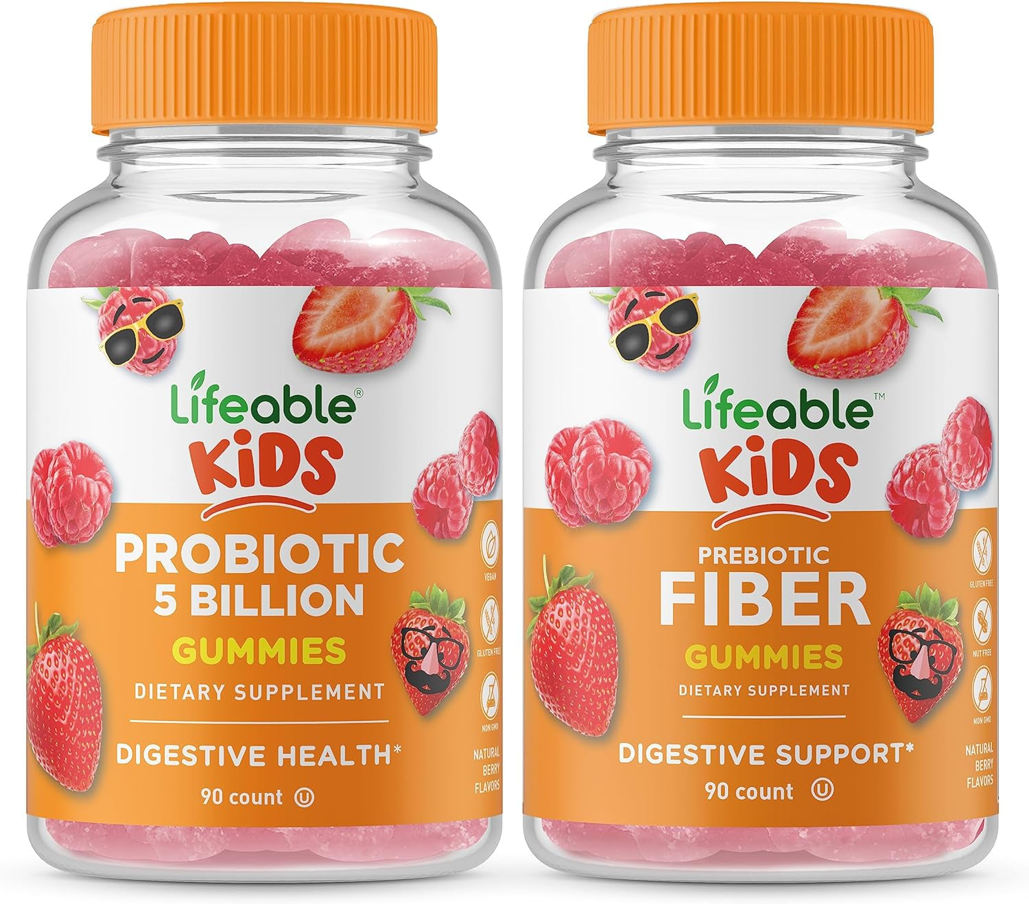 Lifeable Probiotics 5 Billion Kids + Prebiotic Fiber Kids, Gummies Bundle - Great Tasting, Vitamin Supplement, Gluten Free, GMO Free, Chewable Gummy