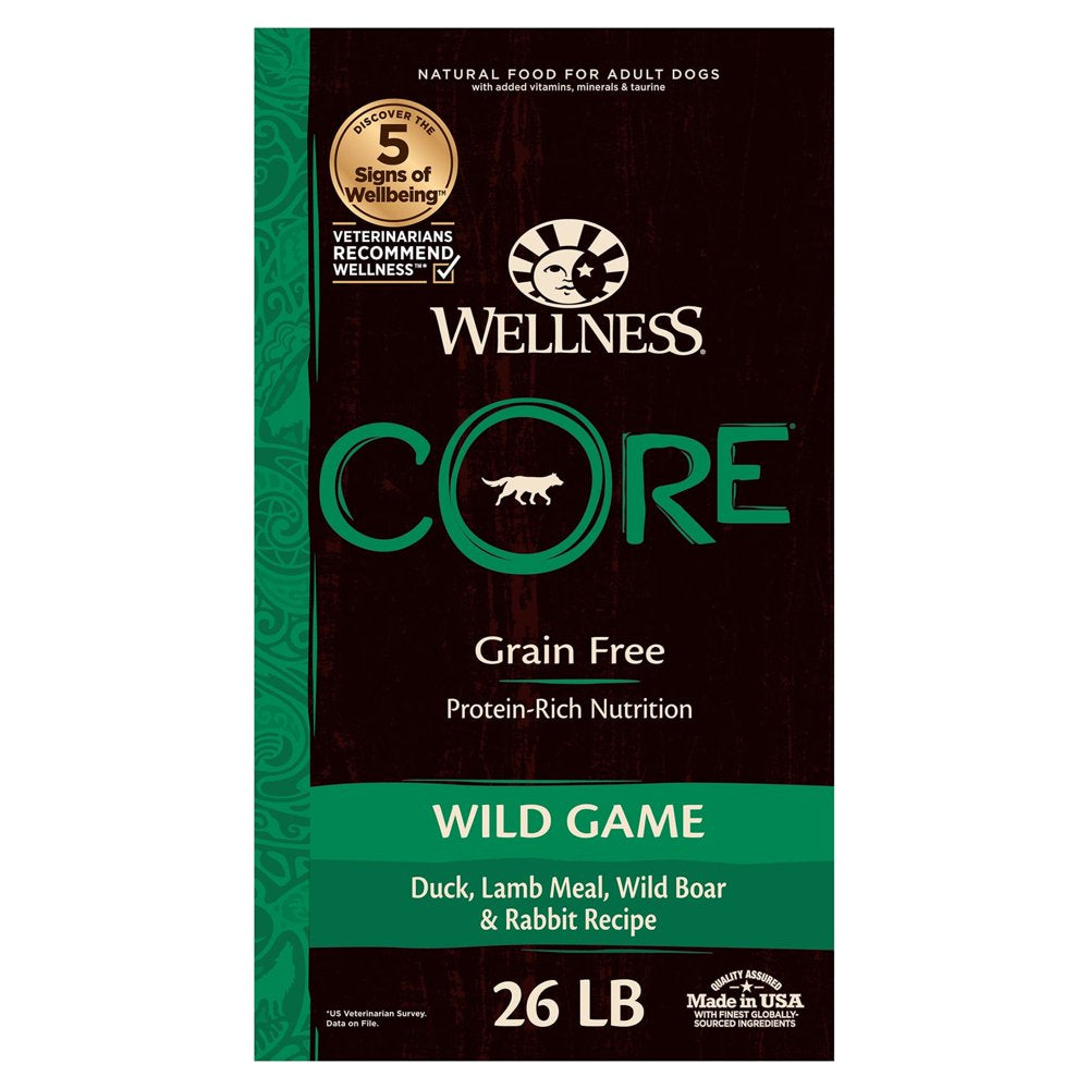 Wellness CORE Natural Grain Free Dry Dog Food, Wild Game Duck, Lamb Meal, Wild Boar & Rabbit, 26-Pound Bag