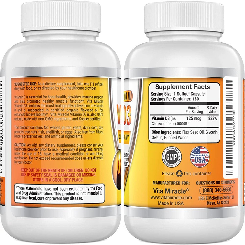 Vitamin D3 5000 IU Softgels High Potency Vitamin D Supplements for Women Men in Organic Flaxseed Oil May Support Healthy Bones Heart Muscle Function Immune Support Pure Vitamin D 3 Pills (180 Count)