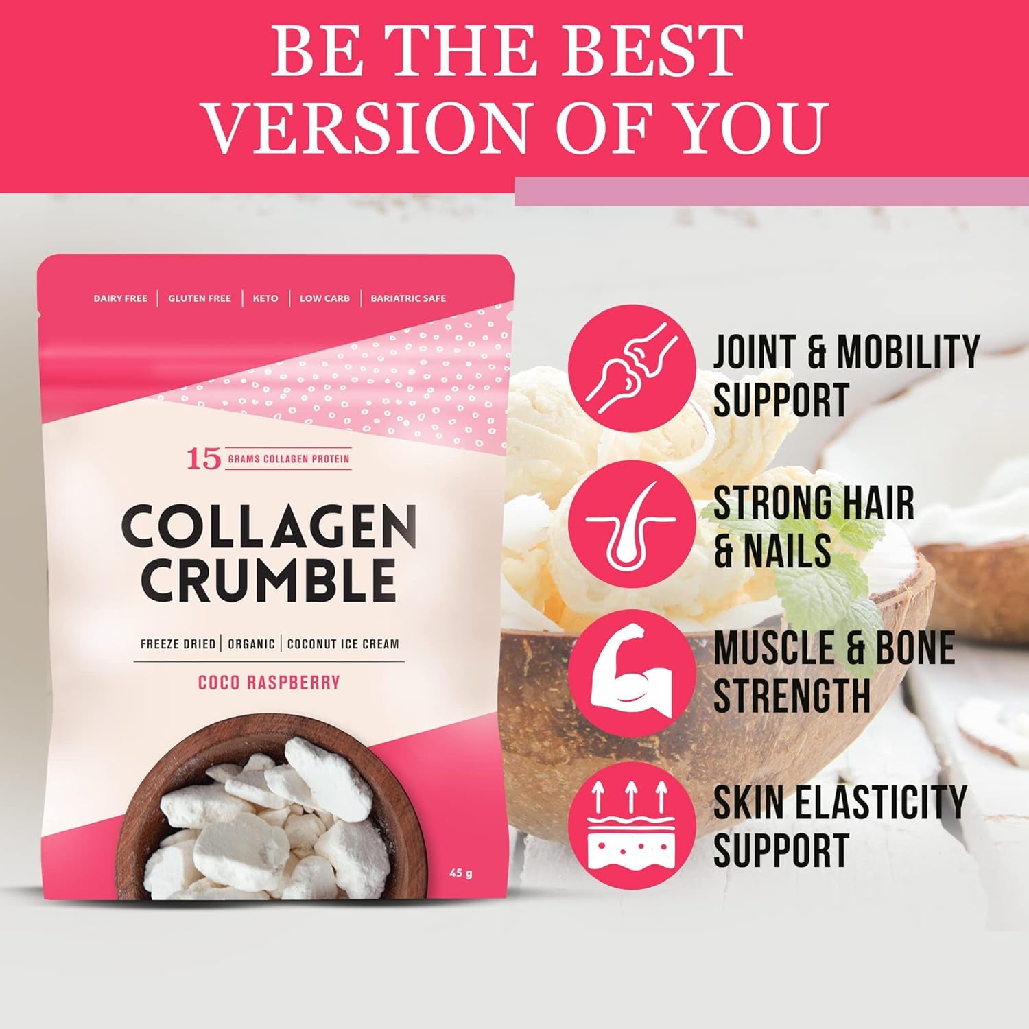 3 Broth MAKERS Collagen Crumbles, Coco Raspberry, Freeze-Dried Dairy-Free Organic Coconut Ice Cream with Hydrolyzed Protein Collagen Powder for Women and Men, Gluten-Free - Made in Australia - 1 Pack