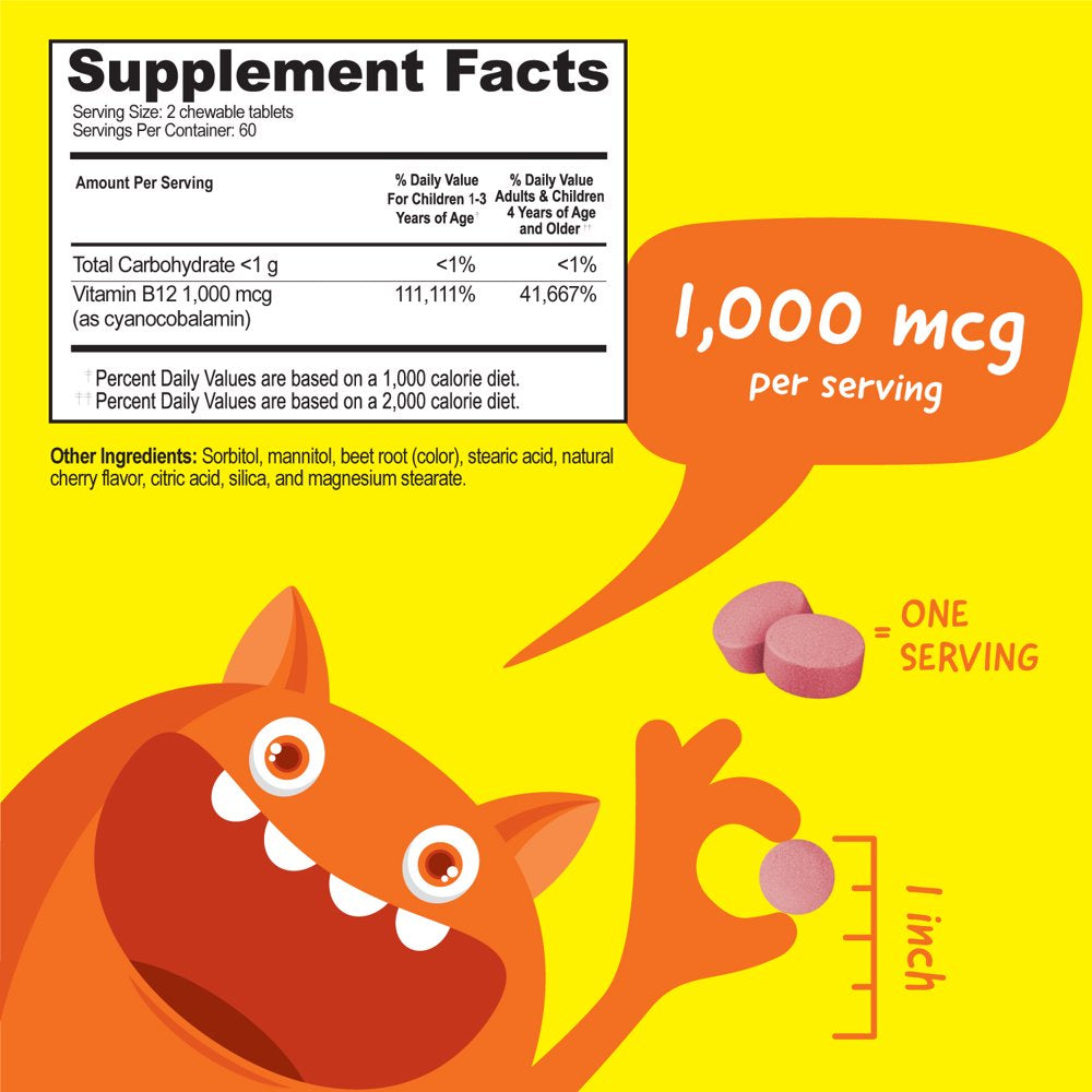 Vitaworks Kids Vitamin B12 1000 Mcg, Dietary Supplement, Cellular Energy Vitamins, 120 Chewables