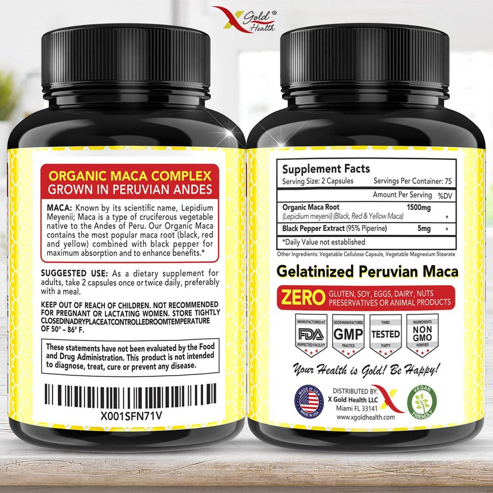 X Gold Health Organic Maca Root Powder Capsules Black, Yellow & Red Maca Pills 1500 Mg, 150 Count