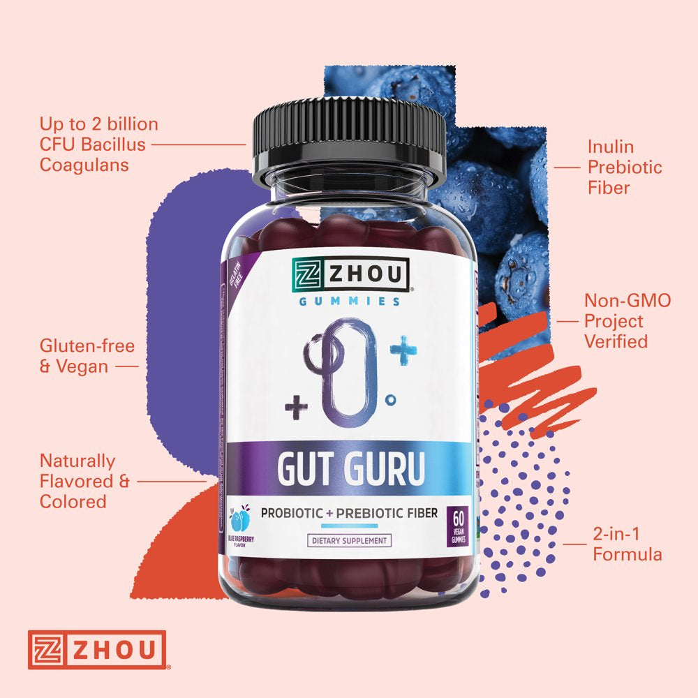 Zhou Nutrition Gut Guru Prebiotic and Probiotic Health Supplement Gummies Vegan, 60 Count