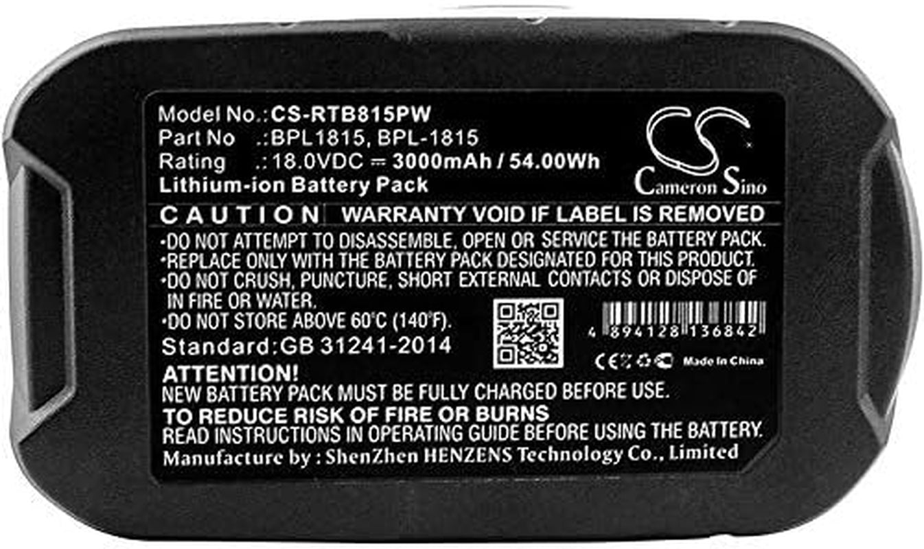 3000Mah/54.00Wh Replacement Battery for Ryobi BPL-1815, BPL18151, BPL1820, BPL-1820G CHV-180L, CHV-18WDM, CID-1802M, CID-1803L, CID-1803M, CID-182L, CID-183L, CJS-180L