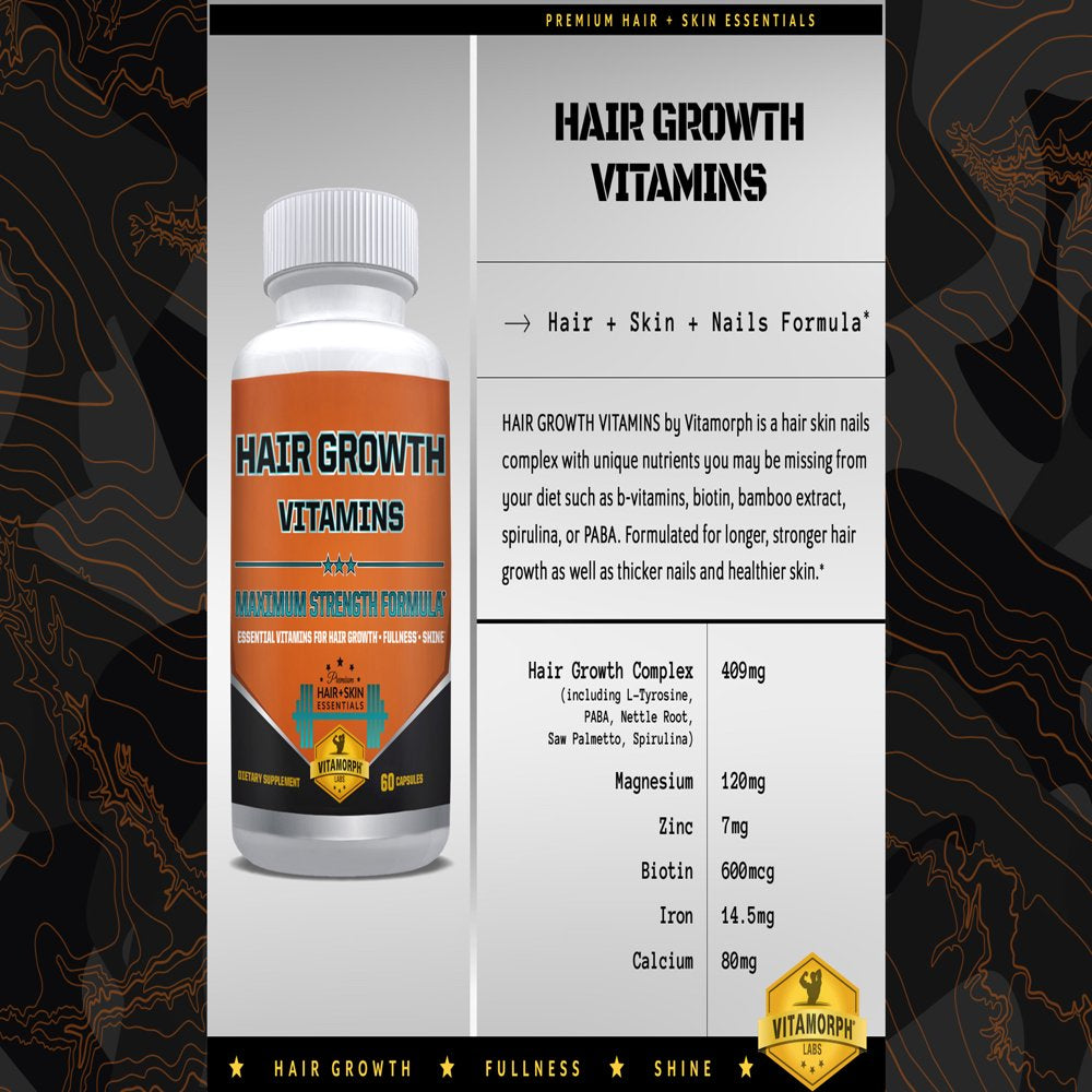 Hair Growth Vitamins for Healthy Hair Skin and Nails - Max Strength Hair Skin Nails Supplement with Biotin, Bamboo Extract, PABA, Spirulina & More! Best Hair Growth Pills by Vitamorph - 60 Veggie Caps
