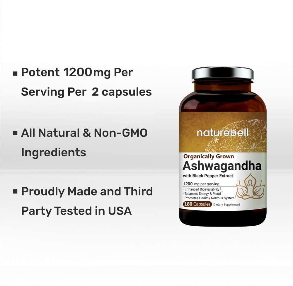 2 Pack Ashwagandha Capsules with Black Pepper Extract, 1200Mg per Serving, 180 Counts per Bottle, Made in USA.