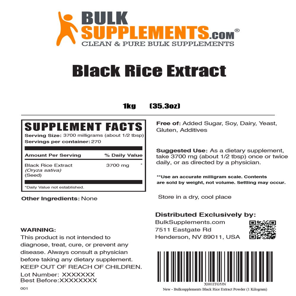 Bulksupplements.Com Black Rice Extract Powder, 3700Mg - Natural Fiber Supplement for Heart & Vision Support (5KG - 1350 Serv)