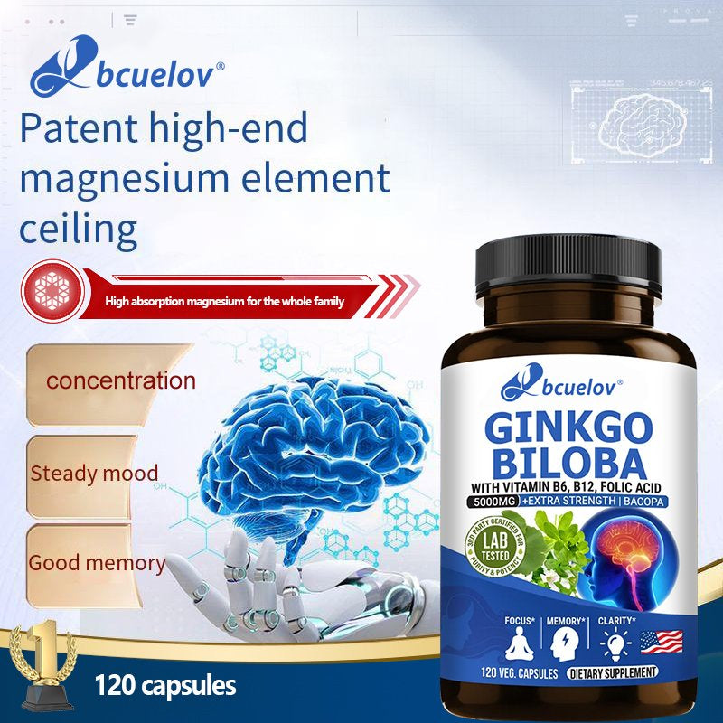 Ginkgo Biloba Supplement - with Vitamins B6 B12 - Standardized Extract 24% Ginkgo Flavonoid Glucosides 6% Terpene Lactones - Brain Memory Mental Clarity Alertness Energy Mood-120Capsules