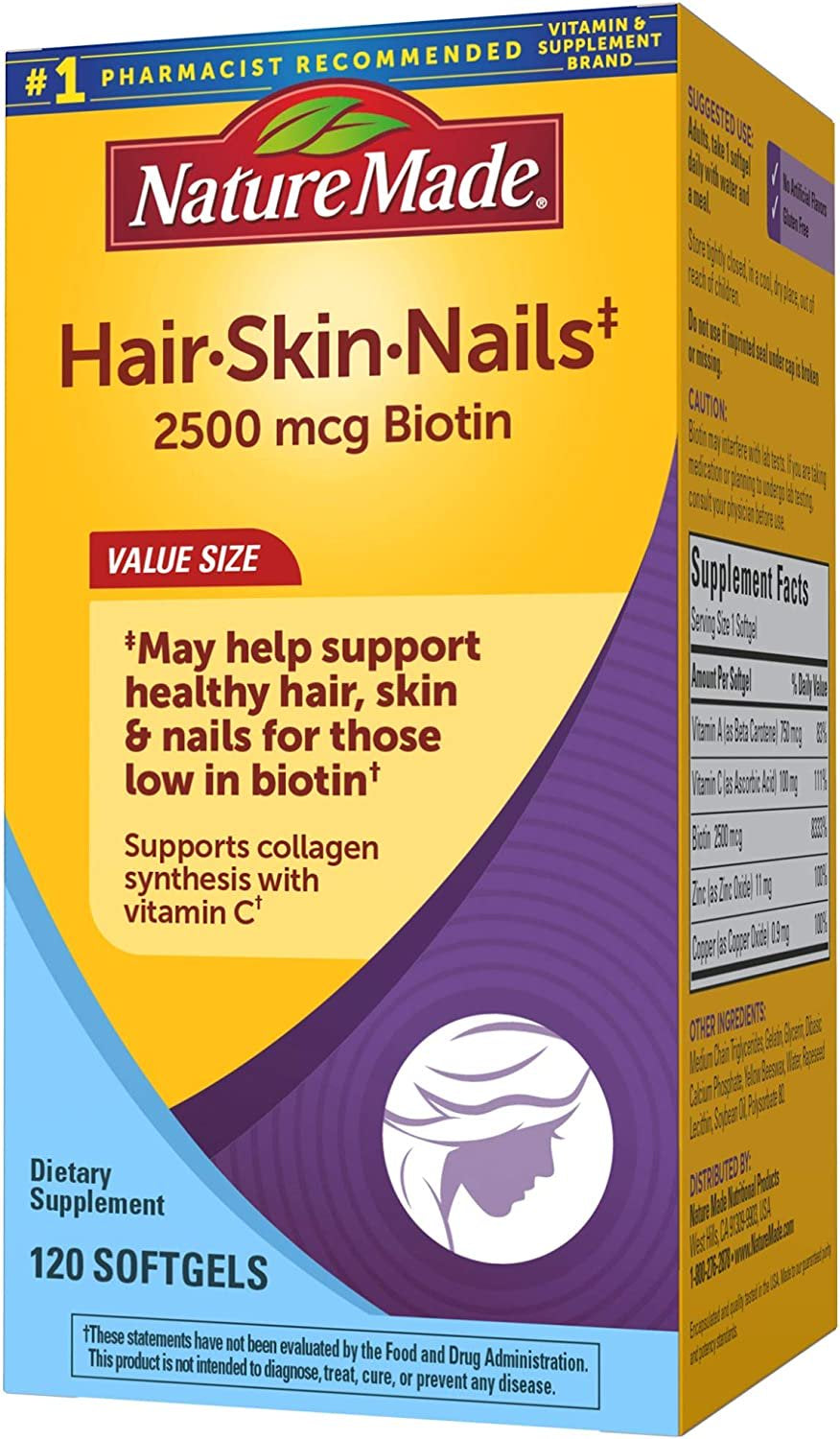 Nature Made Hair Skin and Nails with Biotin 2500 Mcg, Dietary Supplement for Healthy Hair Skin and Nails Support, 120 Softgels, 120 Day Supply