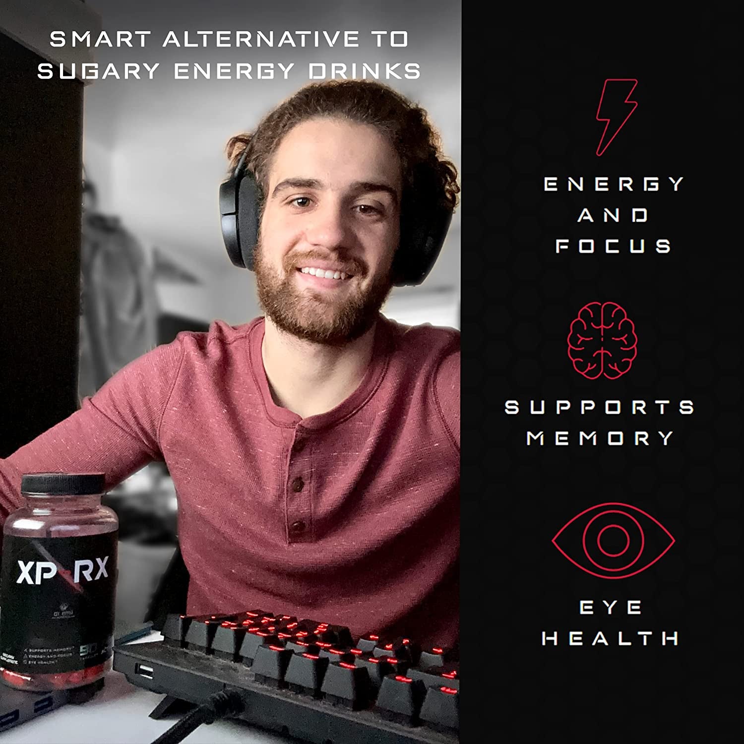 XP-RX Gamer Supplement for Energy, Focus & Endurance - Zero Crash Gaming Pills with 100Mg Caffeine - Sugar Free Gaming Supplement by Dr. Emil