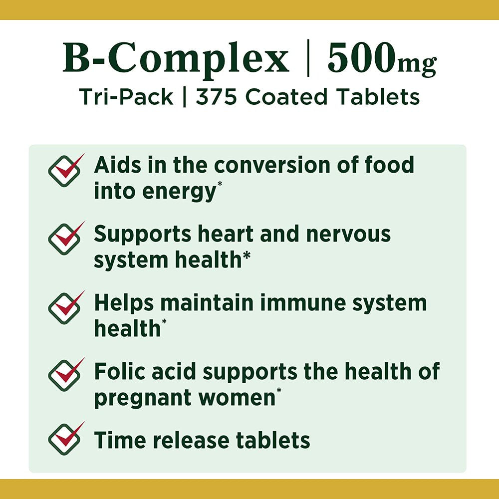 Vitamin B-Complex by Nature'S Bounty, Time Released Vitamin Supplement W/ Folic Acid plus Vitamin C, Supports Energy Metabolism and Nervous System Health, 125 Tablets (Pack of 3)