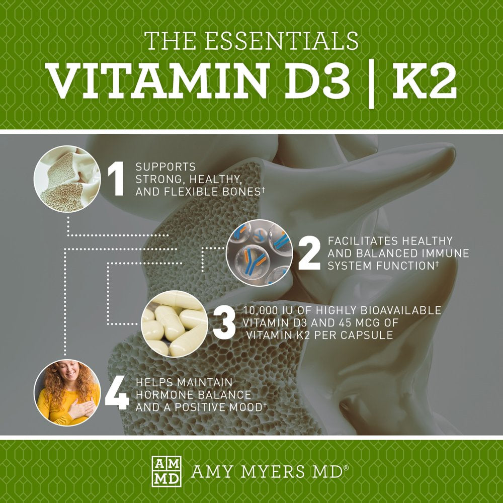 Amy Myers MD Vitamin D3 K2 10000 IU - Vitamin K2 MK-7 45 Mcg - Supports Immune Function, Energy Levels & Positive Mood - for Calcium Absorption, Bone & Heart Health - Non-Gmo 60 Caps - 2 Month Supply