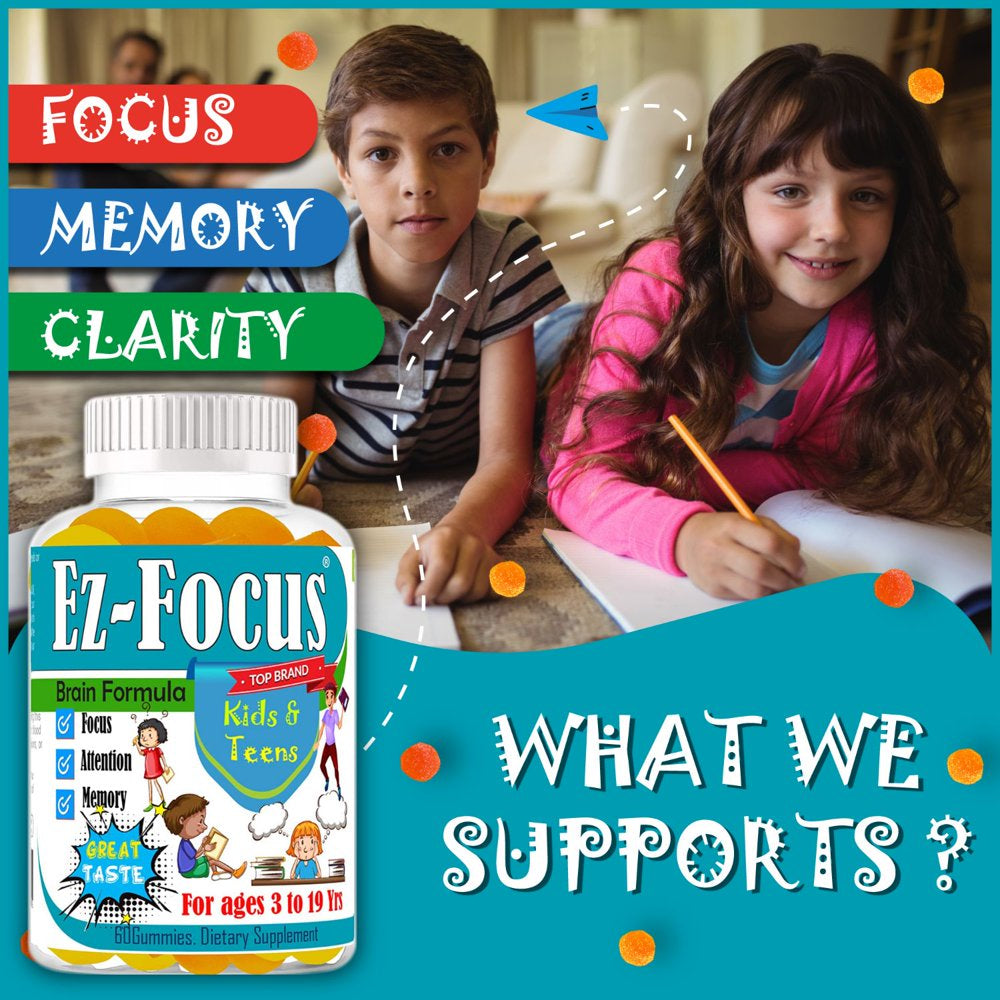 Kids Brain Booster Supplements Vitamins to Help Kids Focus. Help Boost Brain Focus, Attention, Memory for Childrens and Teens, Best Great Taste 60 Gummies