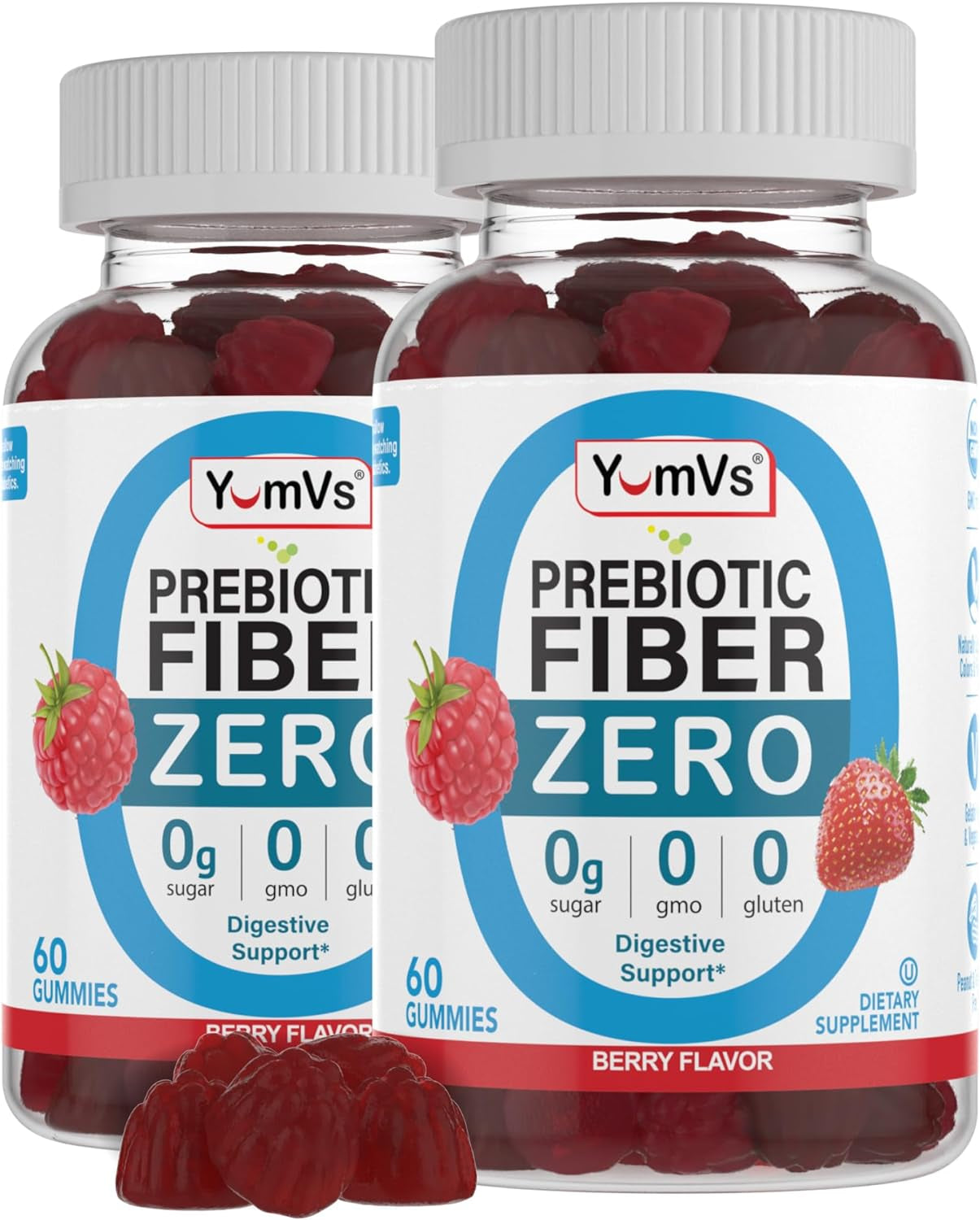 Yumvs Sugar Free Prebiotic Fiber Gummies for Adults and Kids - Berry Flavor - Kosher Halal 4G High Fiber Supplement for Women and Men - Daily Fiber for Digestive Health (60 Count, 2PK)