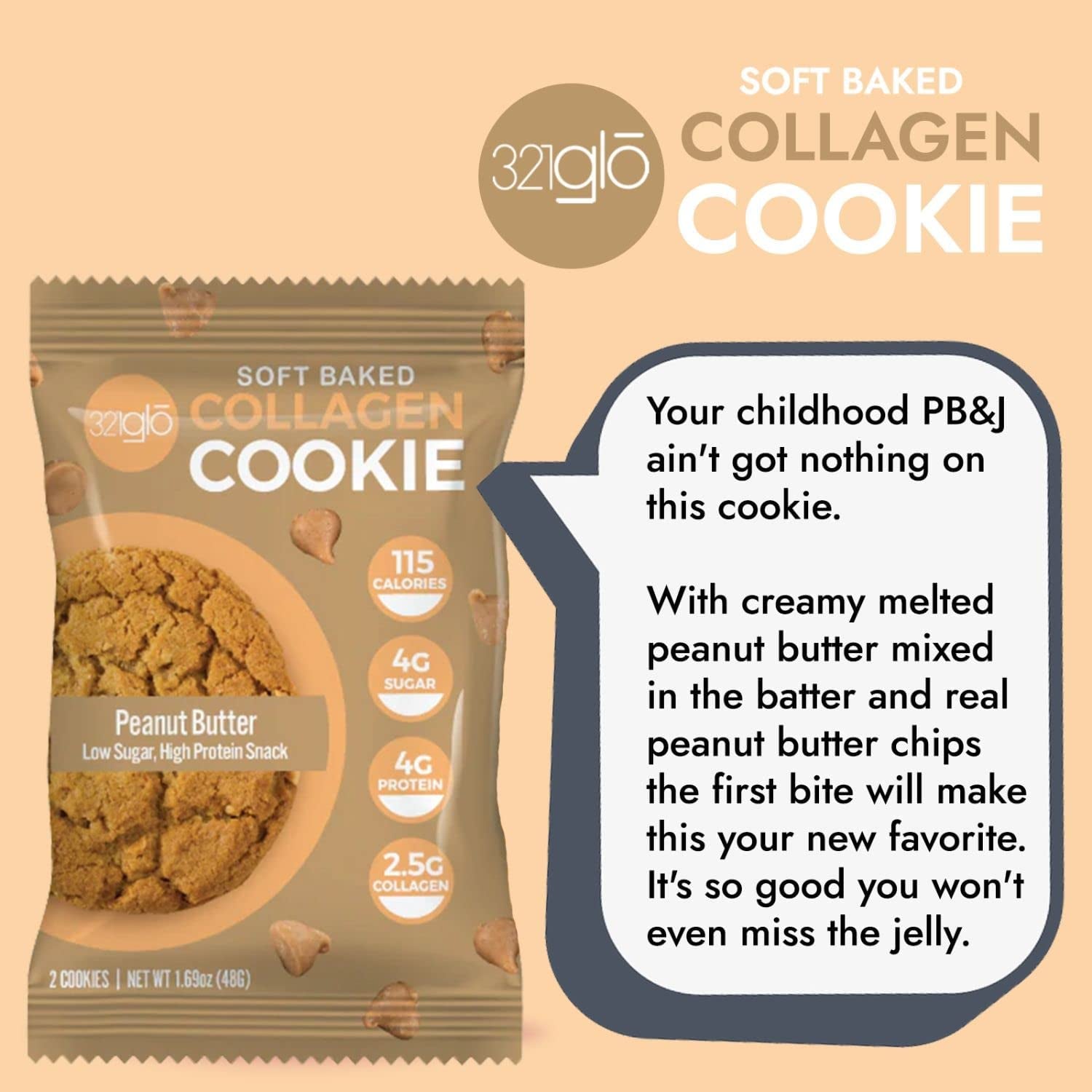 321Glo Collagen Cookies | Soft Baked, High Protein Cookies | Low Carb, Low Sugar | Keto Snack for Women, Men, & Kids | 6 Pack (Peanut Butter)