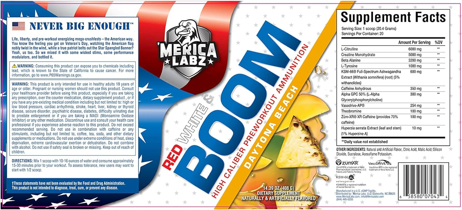 'Merica Labz Red, White, and Boom, High Caliber Pre Workout with Vasodrive-Ap®, 350Mg Caffeine, Max Energy, Pump and Focus, Increased Blood Flow and Muscle Volume, 20 Servings (Daytona Beach)