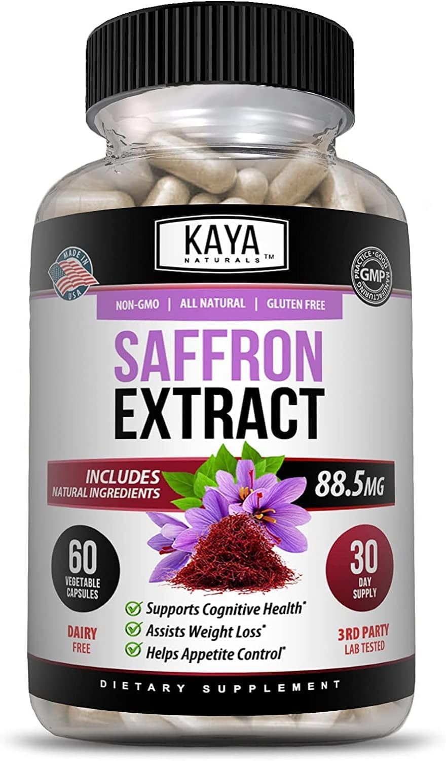 Kaya Naturals Saffron Supplement Capsule - 100% Pure Saffron Extract with Natural Ingredients | Boost Energy & Mood, Support Eye & Heart Health, 60 Count