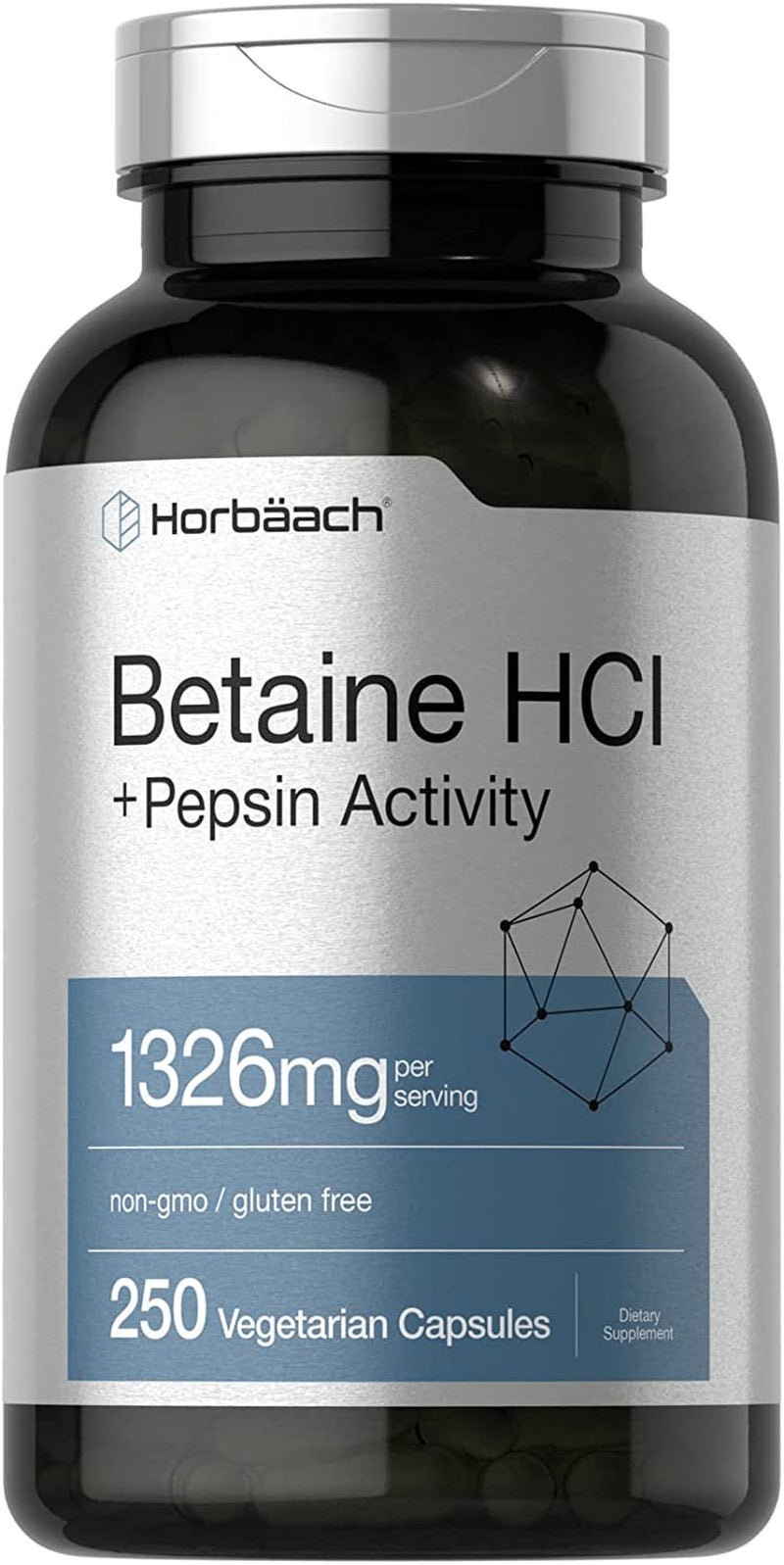 Betaine Hcl with Pepsin | 1326Mg | 250 Vegetarian Capsules | by Horbaach