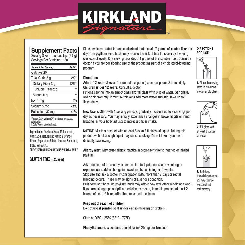 Kirkland Signature Natural Sugar Free Psyllium Fiber, 360 Doses