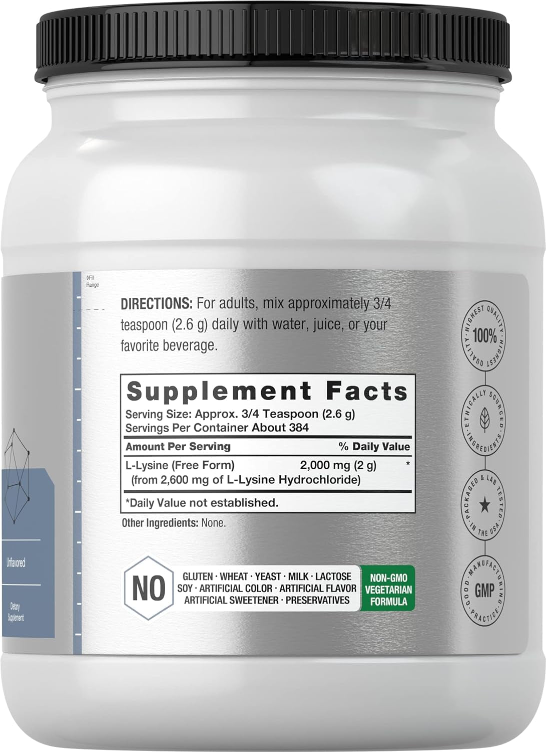 L-Lysine Powder | 2.2 Lbs | Unflavored Free Form Supplement | Vegetarian, Non-Gmo, Gluten Free Formula | by Horbaach