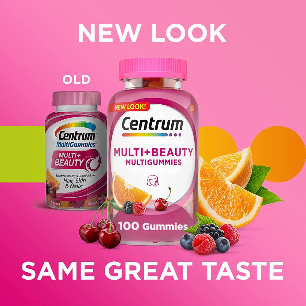 Centrum Multigummies Multi+ Beauty Dual Action Multivitamin, Specially Designed with Biotin for Healthy Hair, Skin and Nails, Cherry/Berry/Orange Flavors - 100 Count