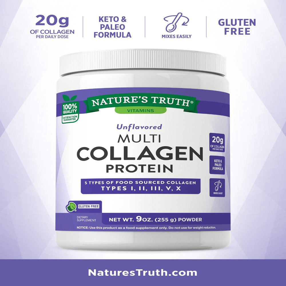 Nature'S Truth Multi Collagen Powder | 9 Oz | Type I, II, III, V, X | Hydrolyzed Collagen Peptide Protein Powder | Keto and Paleo Friendly | Unflavored | Non-Gmo, Gluten Free