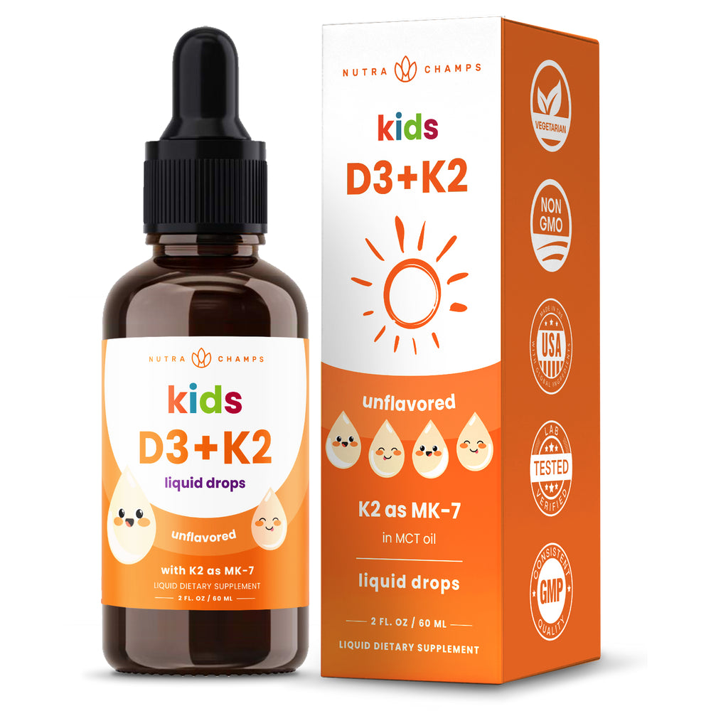 Nutrachamps Kids Vitamin D 3 K2 Drops | Vitamin D3 & K2 MK-7 | Liquid Vitamin D for Kids 1000 IU | Healthy Bones, Heart & Immune System | Sugar Free Supplement for Toddlers | Non-Gmo | 300 Servings