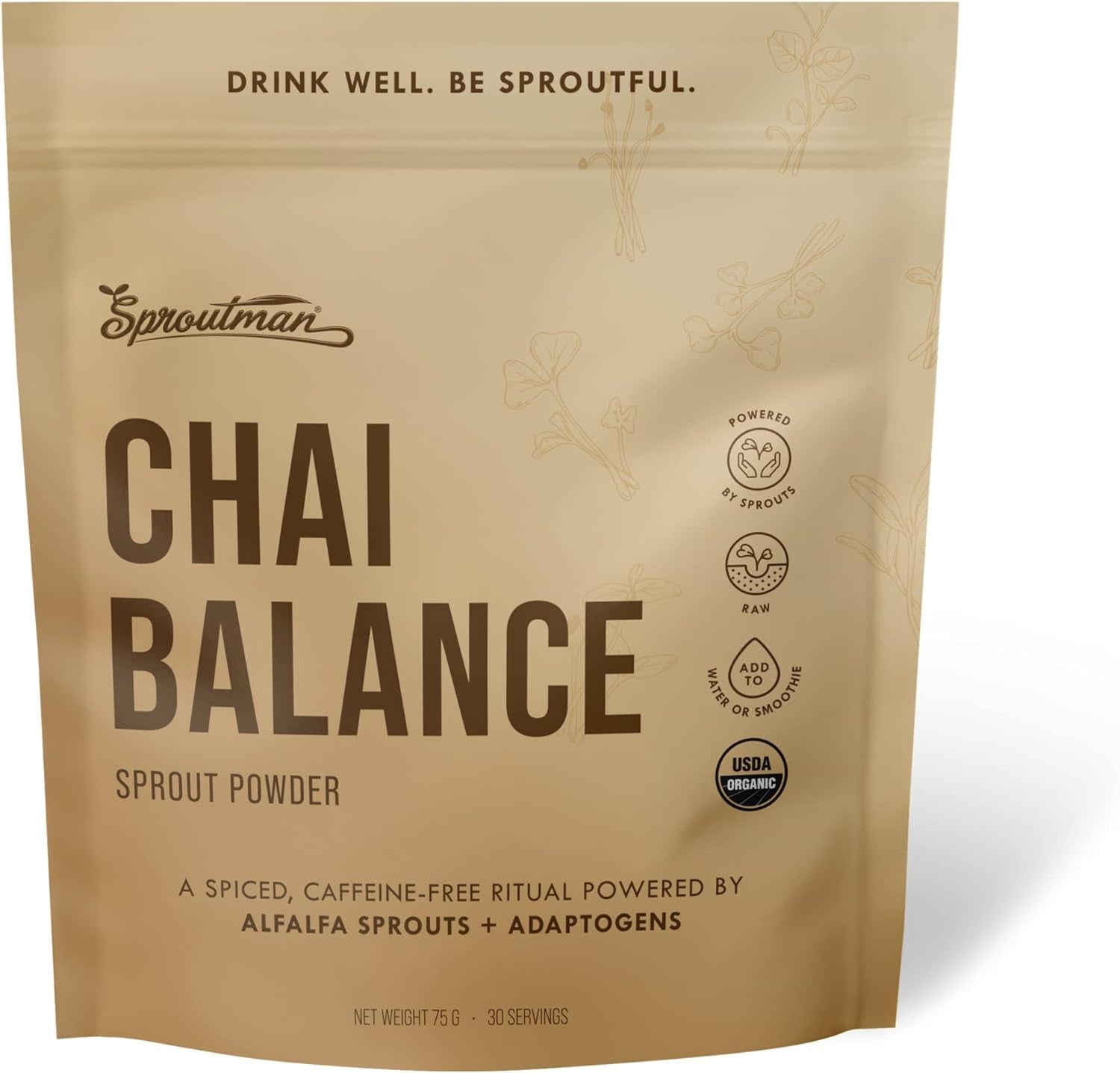 Chai Balance Sprout Powder: Golden Milk Morning Ritual with Alfalfa Sprouts, Adaptogens and Warming Spices - Organic Caffeine-Free Chai with Turmeric, Rhodiola, Cordyceps, and Ginger