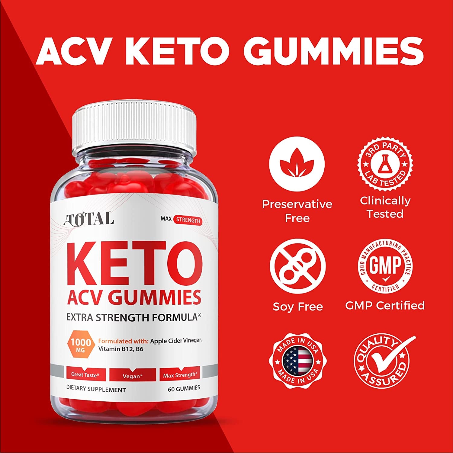 Total Keto Gummies - Official Formula, Vegan - Total Keto ACV Gummies, Total ACV Gummies with Apple Cider Vinegar Gummies, Total Keto Gummy, Vitamin B12, B6, Beet Root Juice, Pomegranate (60 Gummies)