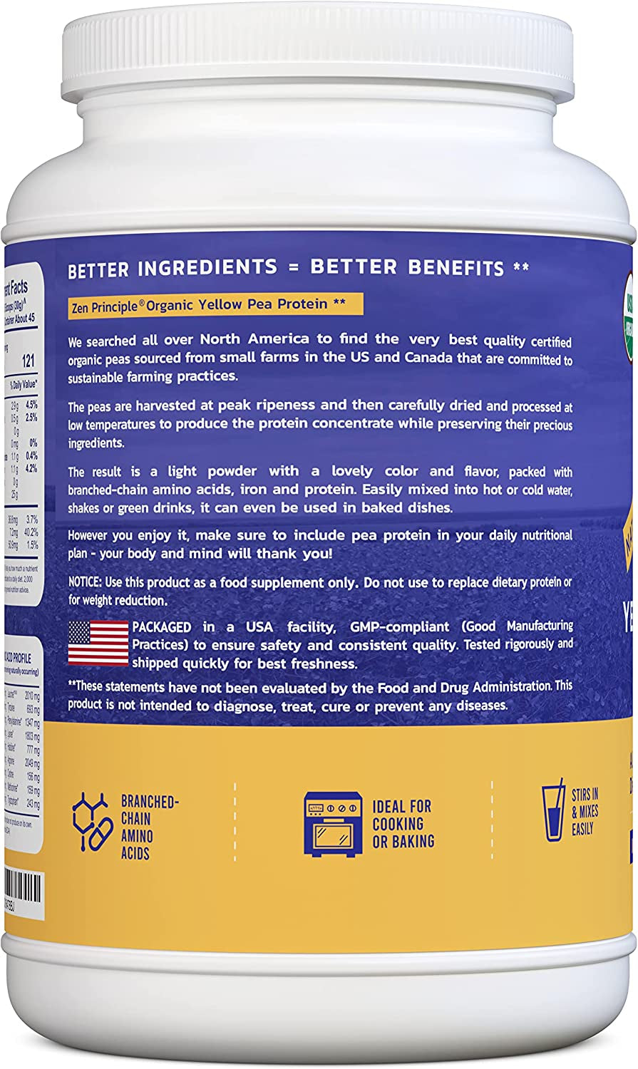 Ultra Premium Organic Pea Protein Powder. USDA Certified ONLY from USA and Canada Grown Peas. No GMO, Soy or Gluten. Vegan. Full Spectrum Amino Acids (BCAA). More Protein than Whey. 3 LB.