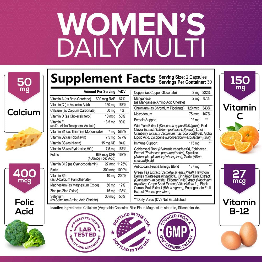 Womens Multivitamin - for Daily Energy & Immune Health Support with Vitamins A, B12, C, D3, Zinc & Biotin, Multivitamin for Women, Non GMO & Gluten Free Women'S Vitamin Supplement - 60 Capsules