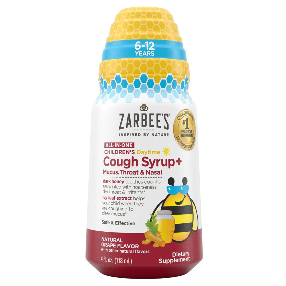 Zarbee’S Kids All-In-One Daytime Cough for Children 6-12 with Dark Honey, Turmeric, B-Vitamins & Zinc, #1 Pediatrician Recommended, Drug & Alcohol-Free, Grape Flavor, 4FL Oz (Pack of 10)