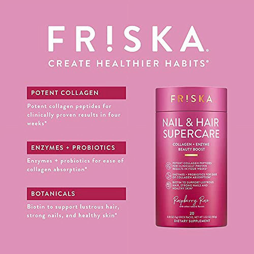 FRISKA Nail & Hair Supercare | Biotin & Collagen Supplements Beauty Boost | Digestive Enzyme & Probiotics for Women | Raspberry Rose Flavor | 20 Stick Packs