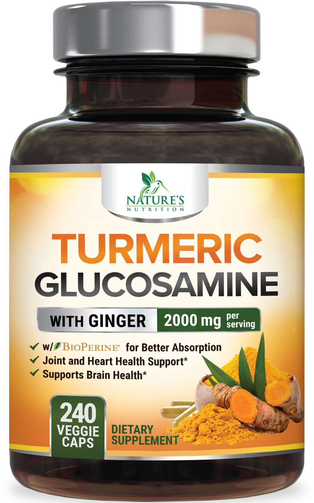 Turmeric Curcumin with Bioperine, Ginger & Glucosamine 95% Curcuminoids 2000Mg - Black Pepper for Max Absorption, Joint Support, Nature'S Tumeric Extract Supplement, Non-Gmo - 240 Capsules